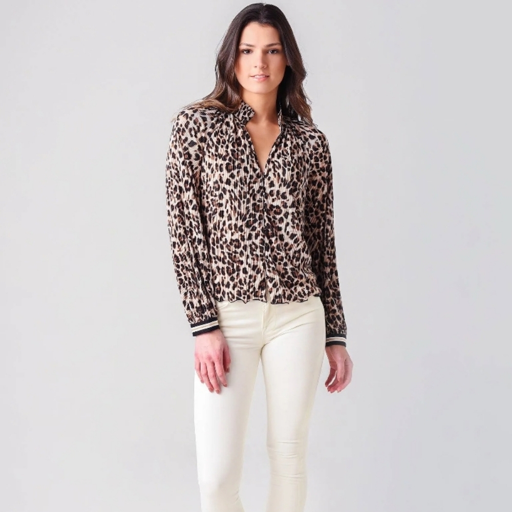 Saylor Astoria Leopard Print Micro-pleat Long Sleeve Blouse